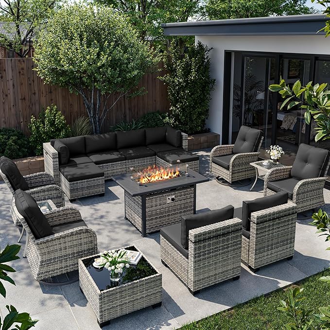 16-Piece Outdoor Patio Furniture Set with Rocking Swivel Chair, Wicker Rattan Sectional Sofa Conversation Set with 55,000 BTU Fire Pit Table with Ottomans, Backyard Furniture, Dark Grey