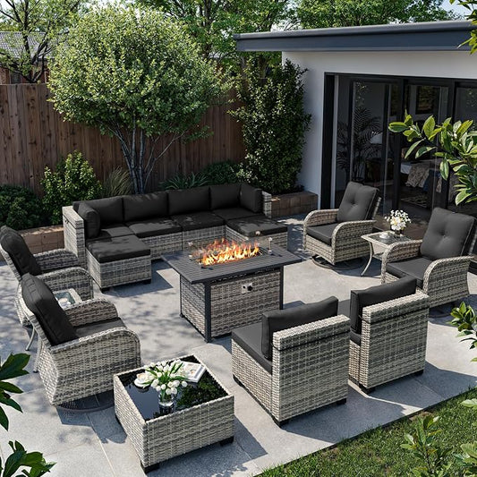 16-Piece Outdoor Patio Furniture Set with Rocking Swivel Chair, Wicker Rattan Sectional Sofa Conversation Set with 55,000 BTU Fire Pit Table with Ottomans, Backyard Furniture, Dark Grey