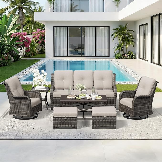 7 Piece Outdoor Wicker Patio Furniture Set, Outdoor Swivel Rocker Patio Chairs Set with Thickened Olefin Cushions, High Back and Deep Seating, Hand-Woven PE Rattan for Porch, Deck