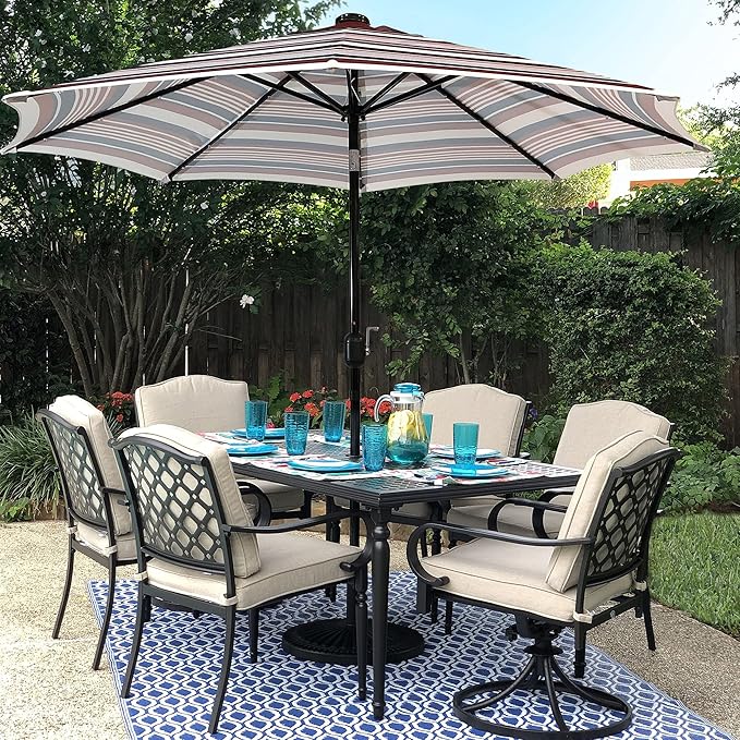 9' Round Patio Umbrella with 32 Solar Powered LED Lights, Push-Button Tilt and Hand Crank Lift, Solar Lighted Umbrella in Scarlet Stripe for Patio, Porch, and Backyard by Sun-Ray