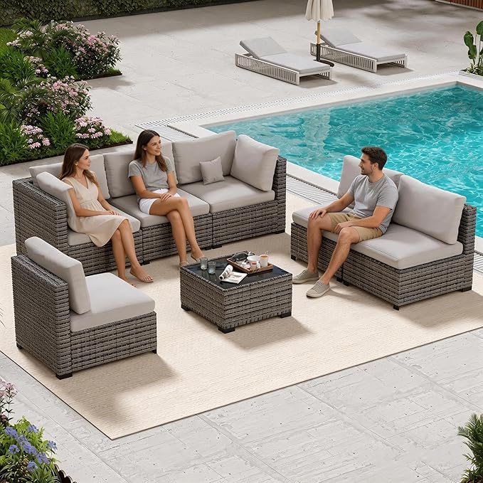 LHBcraft 7 Piece Patio Outdoor Furniture Set, Outdoor Sectional, All-Weather Hand-Woven Wicker Patio Sectional Sofa, Rattan Outside Furniture with Grey Cushion and Glass Coffee Table