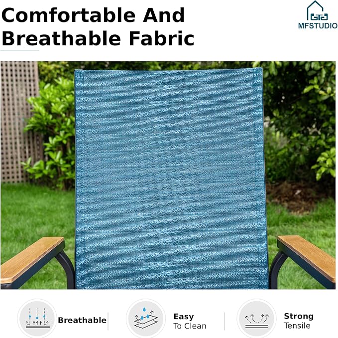 MFSTUDIO 7 PCS Patio Dining Set with 6 Stacking Aluminum Armchair(Blue) and 64" Rectangular Heavy Duty Table