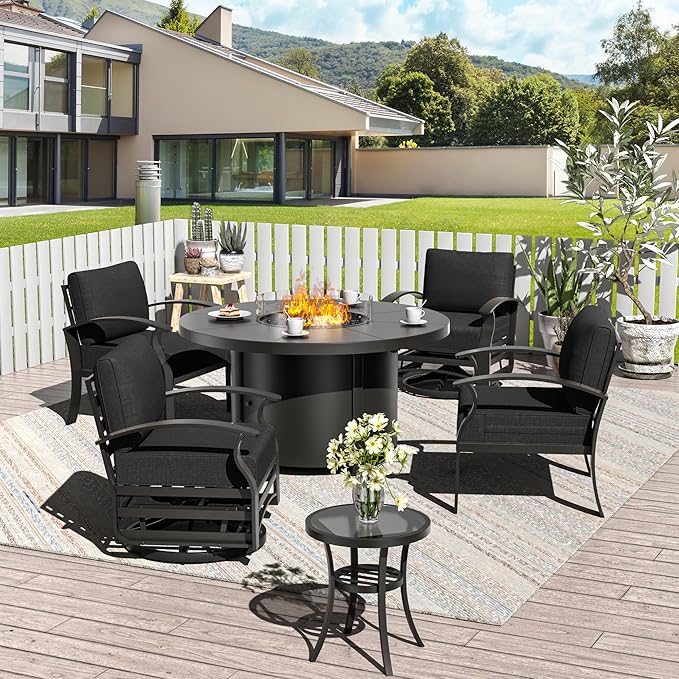 ALAULM Aluminum Patio Furniture Set with 40,000 BTU Round Propane Fire Pit Table 4-seat Metal Outdoor Furniture w/Swivel & Rocking Conversation Set for Patio, Lawn, Poolside（Black