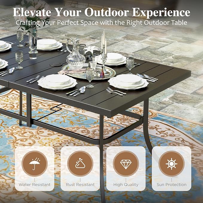 HERA'S HOUSE 7pc Patio Dining Set, 59" Metal Table & Rattan Swivel Chairs | Rectangular table with umbrella hole, cushioned chairs. Waterproof, rust-resistant, all-weather for backyard, porch.