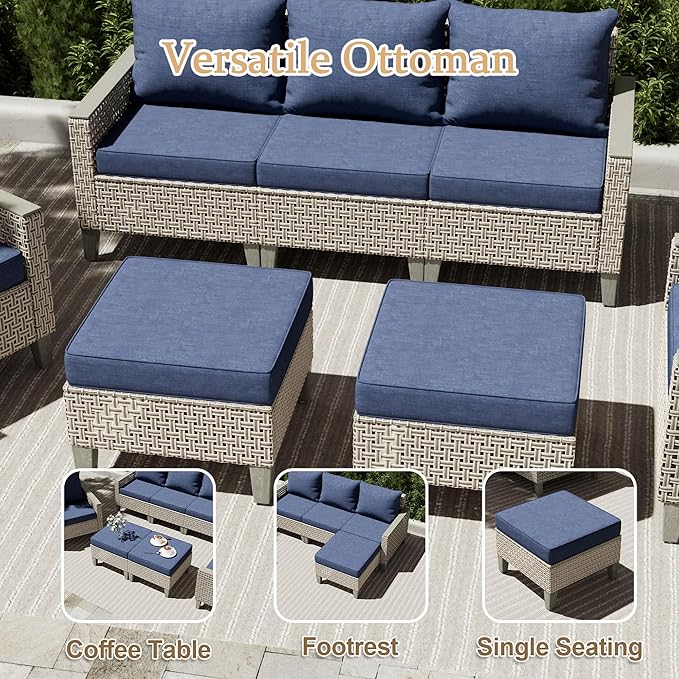 8 Pieces Patio Furniture Set with Fire Pit Table and Ottomans, Modern Outdoor Sectional Sofa with Comfy Cushions, Modular Wicker Rattan Patio Conversation Set, Navy