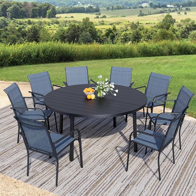 9-Piece Patio Furniture Set, Black Round Patio Table and Light Blue Chairs Set of 8, Outdoor Dining Set with Umbrella Hole for Garden, Yard, Patio
