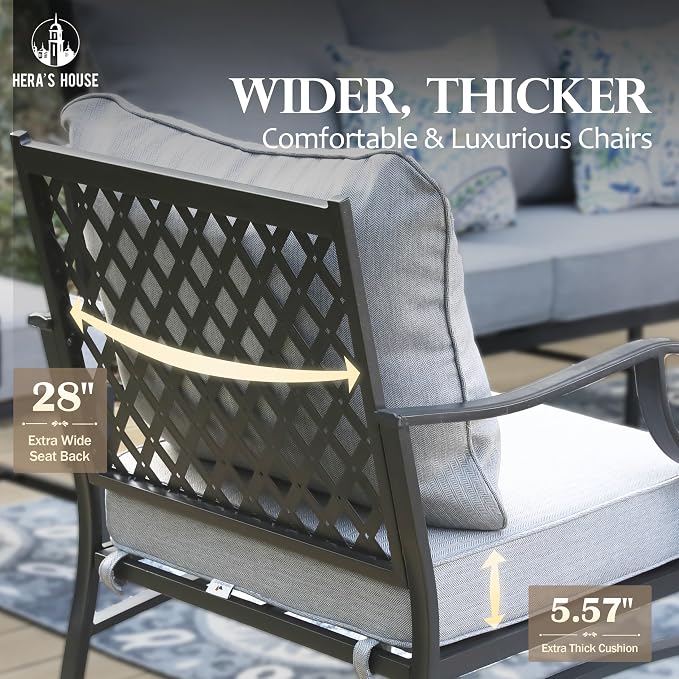 HERA'S HOUSE 4 Piece Patio Furniture Set, 2 x Rocking Metal Frame Cushioned Chair, 3-Seat Sofa with Marbling Coffee Table, All Weather Outdoor Conversation Set for Lawn Garden Backyard, Grey