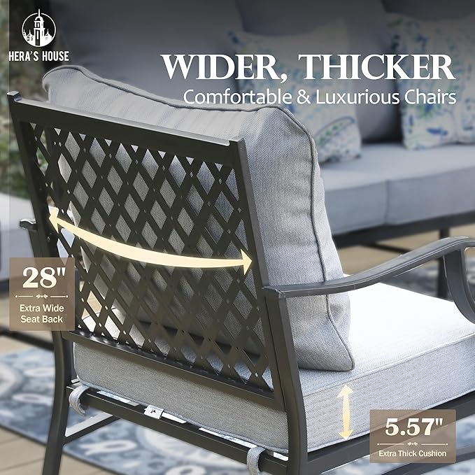 HERA'S HOUSE 5 Piece Patio Furniture Set, 2 x Cushioned Metal Chair, 2 x Ottoman, 1 x 3-Seat Sofa, All Cushioned 7 Seats Outdoor Conversation Set for Lawn Garden Backyard, Grey