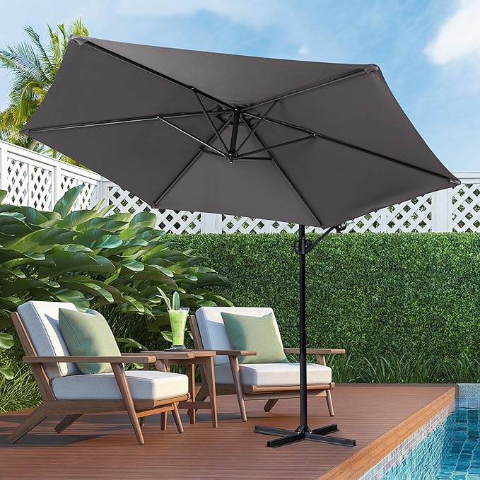 Shintenchi Offset Patio Umbrella with Easy Tilt Adjustment,Crank and Cross Base, Outdoor Cantilever Hanging Umbrella, Sunshade Free Standing Canopy, Dark Gray