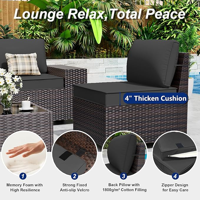 Outdoor Patio Furniture Set with Fire Pit Table, 13 Pieces Outdoor Furniture Set Patio Sectional Set w/43in Propane Fire Pit, PE Wicker Rattan Patio Conversation Sets - Black.