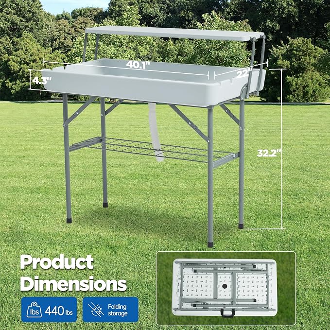 Real Relax Two-Tier Portable Cooler Table, Fill and Chill Desk for Food Drink Beverage, Foldable Party Ice Table for Camping BBQ Outdoor White