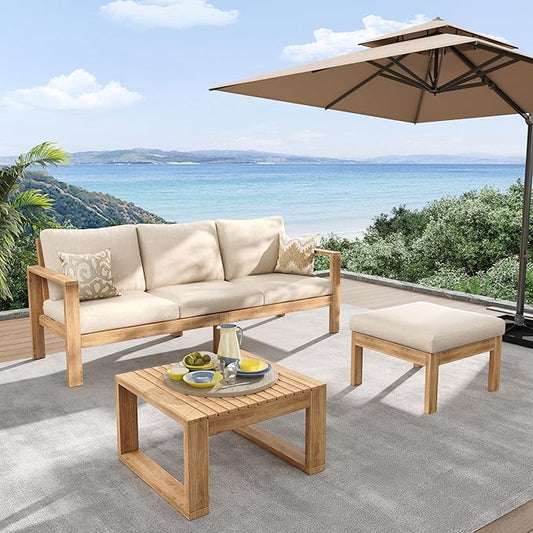 Christopher Knight Home Kayahs 3 Pieces Acacia Wood Furniture Set, Patio Conversation Sofa with Coffee Table and Ottoman, Outdoor 3-Seater Sofa Set for Backyard Balcony Gardern, Teak Finish+Beige