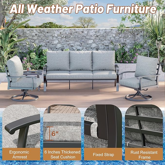 HOMREST Patio Furniture Sets 4 PCS Outdoor Metal Conversation Sets, 360 Degree Swivel Rocking Chairs Patio Conversation Set with Coffee Table and 3-Seat Sofa for Garden, Deck and Poolside