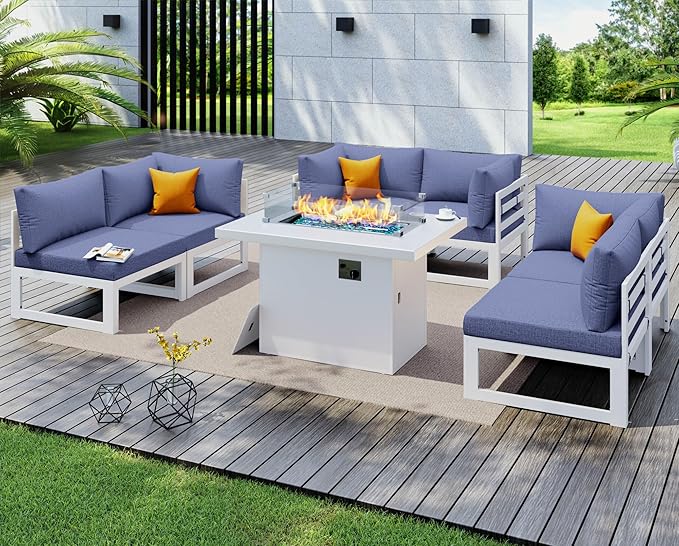 NICESOUL 6 Seat Oversized Modern Aluminum Patio Furniture Set, All Weather Rust Proof Modular Sectional Sofa with Fire Pit Table, 500 lbs Heavy Duty Comfy Outdoor Couch for Garden Backyard, Denim Blue