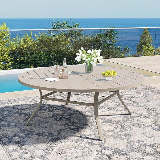 DIFY Patio Table and Chairs Set for 8, 9 Piece Outdoor Dining Set Includes 63" Round Metal Dining Table with Umbrella Hole and 8 Textilene Swivel Patio Chairs, for Garden Backyard Deck, Sandshell