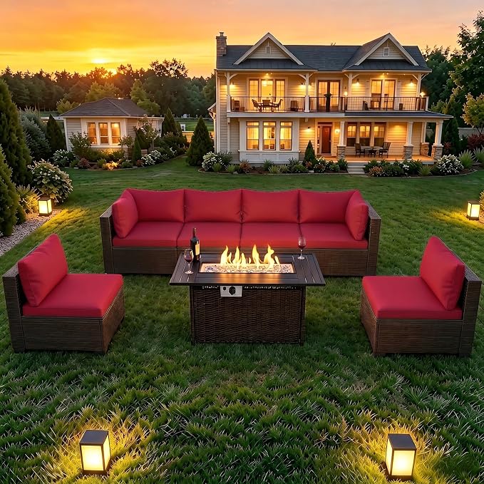 LEVELEVE 8-Piece Wicker Patio Conversation Set with 44" Propane Fire Pit Table, Cozy Outdoor Sectional Sofa for Backyard Gatherings, Poolside Lounging & Garden Parties