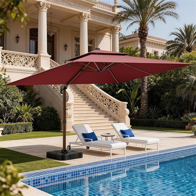10x13FT Cantilever Outdoor Patio Umbrellas with Base, Double Top Wood Pattern Rectangle Umbrella, Heavy Duty 360°Rotation Offset Umbrella for Garden Deck Pool Patio, Red
