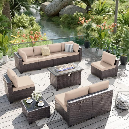 ALAULM 10 Pieces Patio Furniture Set with Propane Fire Pit Table Outdoor Sectional Sofas Patio Conversation Sets 43" Gas Fire Pit Brown PE Rattan Wicker w/8 Seat Cushions-Sand