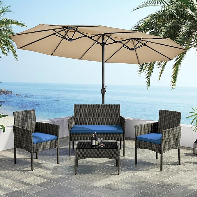 Yaheetech Patio Furniture Set 4 Pieces Conversation Sets, Rattan Chair Wicker Set Loveseat with Soft Cushion and Glass Table for Backyard Porch Garden Poolside Balcony, Gray and Dark Blue