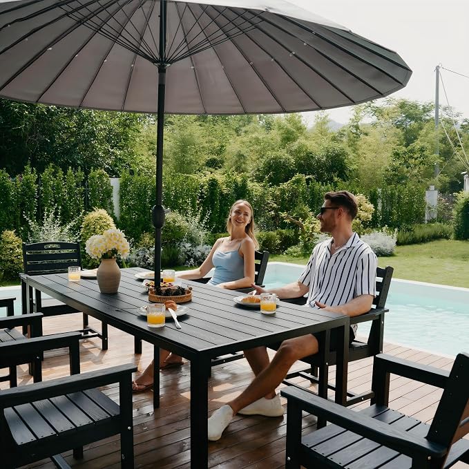 PIZZELLO Patio Dining Table for 8, 83" Rectangular Outdoor Patio Tables with Wood-Like HIPS Slat Top, All Weather Metal Outdoor Dining Table w/Umbrella Hole for Lawn Backyard Garden, Black