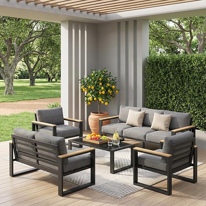 Aluminum Outdoor Patio Furniture Set with Height-adjustable Footrest for Lawn Porches Patio, 7-Seats All-weather Patio Sofa Sets with Coffee Table, Modern Outdoor Patio Conversation set, Grey