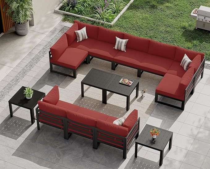 NICESOUL 10 Seat Large Luxury Aluminum Patio Conversation Set with Side Table, 29" Deep Wide Seating, Modular Sectional Couch, 500 lbs Heavy Duty All Weather Outdoor Sofa for Backyard Deck, Burgundy
