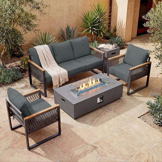 UPHA 6 Pieces Patio Furniture Set with 56" Propane Gas Fire Pit Table, Metal Outdoor Sectional Couch Set with 3-Seat Sofa, Modern Patio Conversation Set for Porch Balcony Deck, 5 Seats, Gray