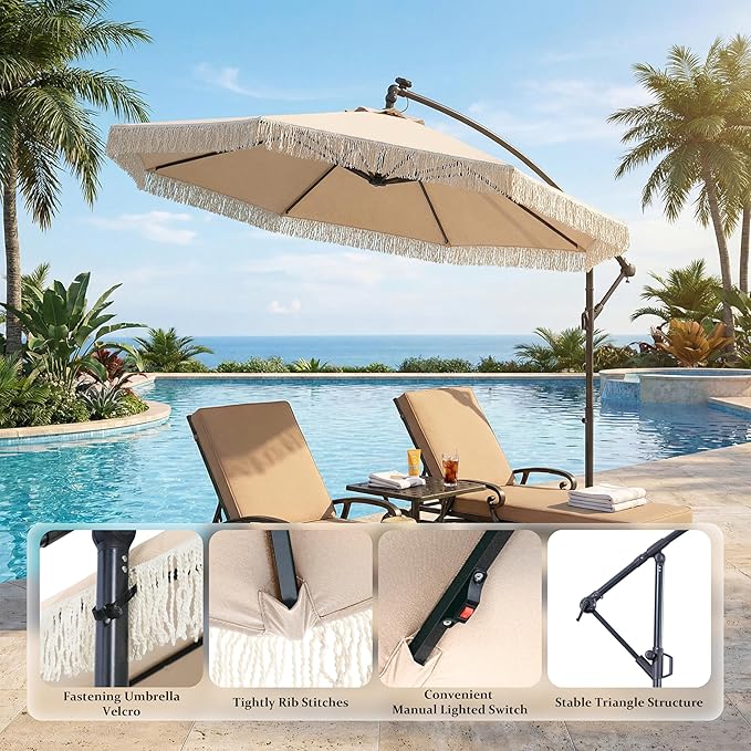 MONDAWE 10FT Cantilever Patio Umbrella with Tassels, 360° Rotation Offset Outdoor Umbrella, Heavy Duty Backyard Shade Umbrella with 180G Fabric for Patio Garden Deck