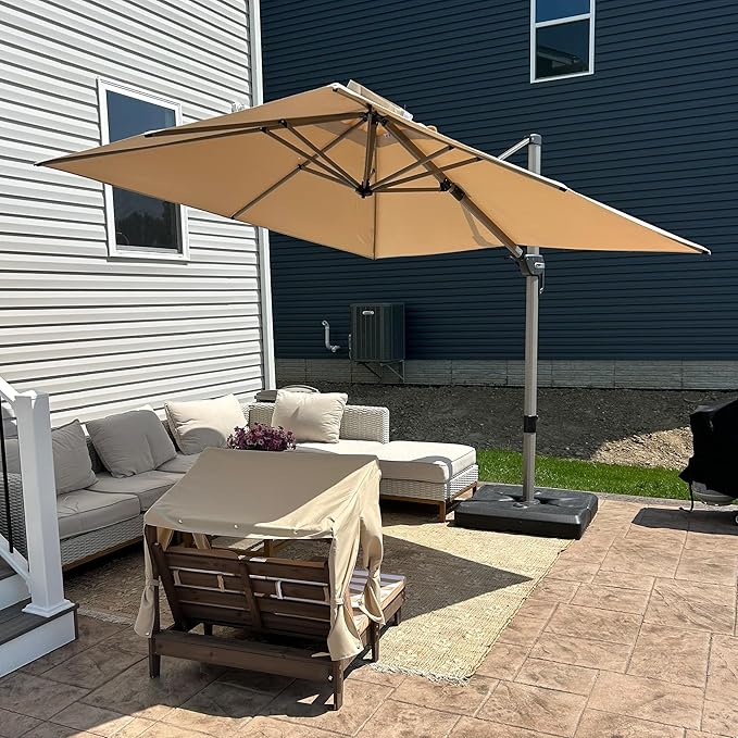PURPLE LEAF 9’ X 9‘ Patio Umbrella Outdoor Cantilever Umbrella, Aluminum Offset Umbrella with Champagne Frame and 360° Rotation for Pool Deck Garden, Beige