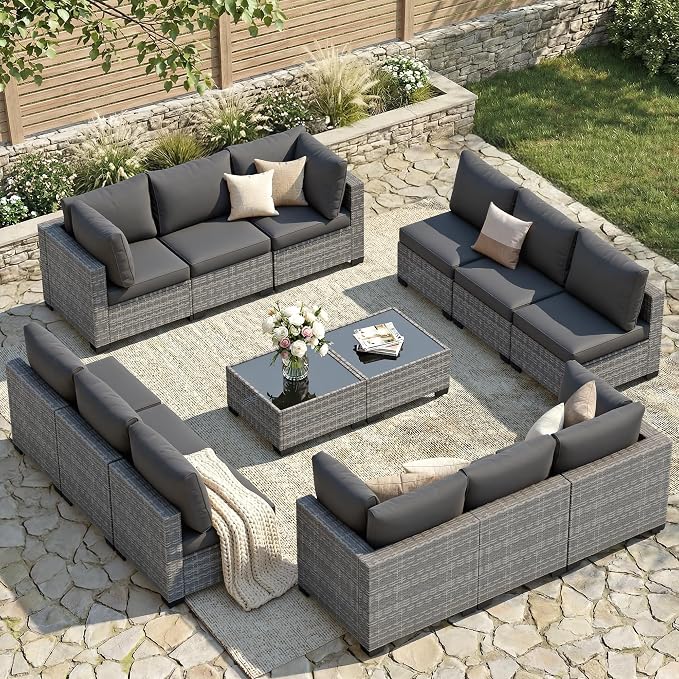 FHFO 14 Piece Outdoor Wicker Patio Furniture Set, Grey/Dark Grey | Sectional Sofa | All-Weather Hand-Woven Rattan | Tempered Glass Coffee Table | Free Combination | Indoor & Outdoor Use