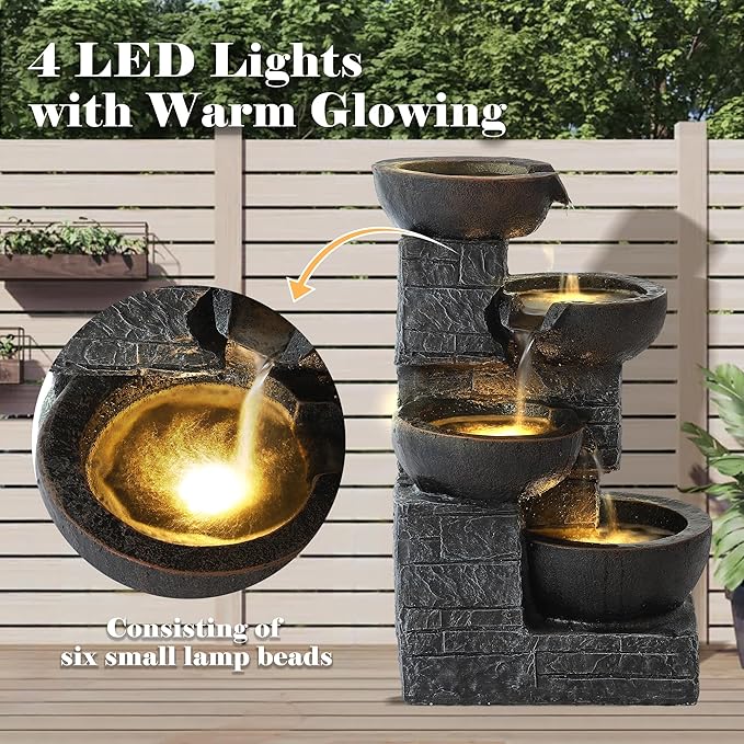 4-Tier Outdoor Garden Water Fountain, 22" H Modern Resin Cascading Bowls Fountain with LEDs and Pump, Freestanding Fountains and Waterfalls for Yard, Porch and Patio Indoor Decor (Brown)