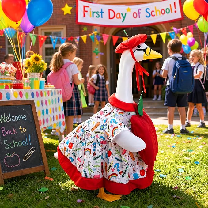 Watayo 3 Pcs Back to School Porch Goose Outfits, Classroom Apple Goose Clothes Set Includes Hat Clothes and Glasses, Funny School Goose Costume for 23" H Statue Outdoor Garden Yard Patio Lawn Decor