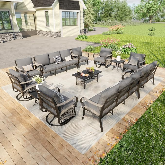 12 Pieces Patio Furniture Set, Metal Outdoor Conversation Sets with Swivel Chairs, Modern Couch Sofa Seating Group with Coffee Table and Side Table (Thick Gray Cushions)