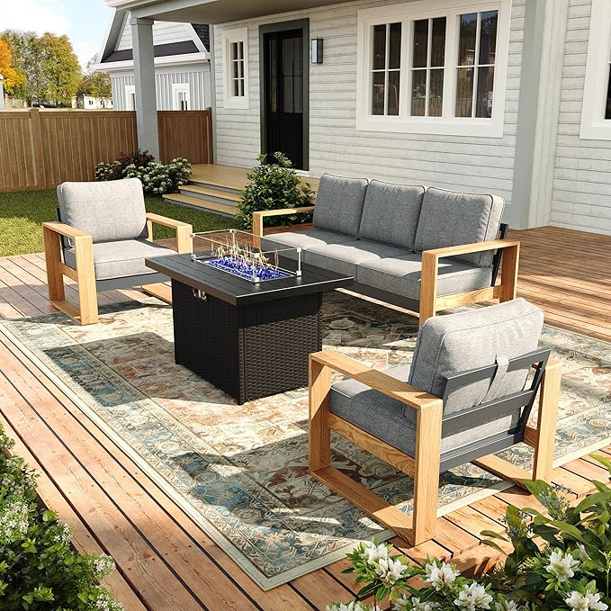 Oversized Aluminum Outdoor Patio Furniture Set, 4-Piece Modern Sectional Conversation Sets with Fire Pit Table, Wide Seat and Thick Cushions