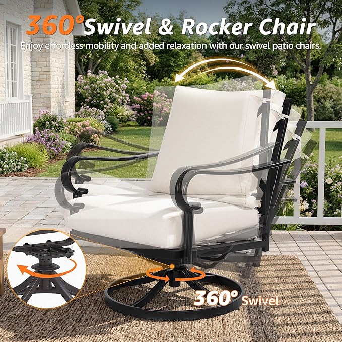 NATURAL EXPRESSIONS 4 Piece Patio Furniture Set, Vintage Metal Outdoor Conversation Set with High Back Swivel Rocking Chairs, 5.5" Thick Cushions for Balcony, Porch