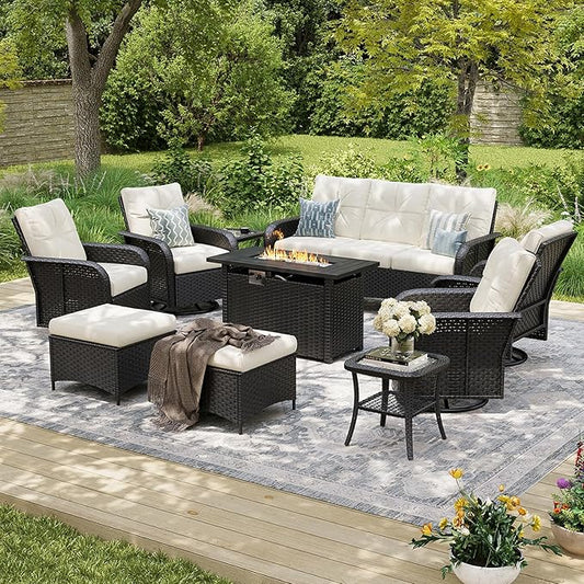 Aoxun 10-Piece Patio Furniture Set with 44'' Fire Pit Table, Luxury Outdoor Patio Furniture Set with 360° Swivel Chairs, Patio Conversation Set for Backyard, Poolside & Garden, Black/Beige