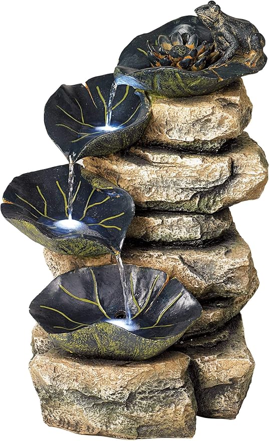 Frog and Four Lily Pad 21" High Large Rustic Indoor Outdoor Cottage Core Decor Faux Stone Floor Fountain with Light LED Standing Waterfall Water Feature for Outside Garden Patio Yard - John Timberland