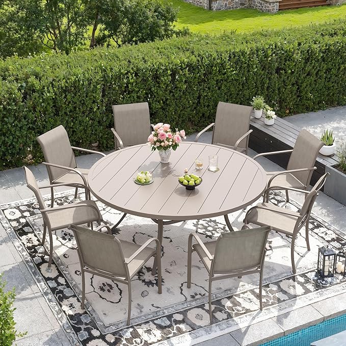 DIFY 9 Pieces Outdoor Patio Dining Set for 8, 53" Sandshell Round Metal Dining Table and 8 Sandshell Stackable Sling Dining Chairs, Outdoor Table and Chairs for Lawn Garden Backyard Deck