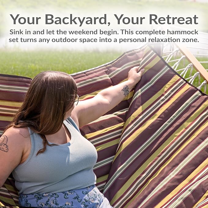 Sunnydaze Rope Double Hammock with Stand for Outside - Heavy Duty Freestanding Portable Outdoor Hammock Set with Quilted Pad, Pillow, and 12-Foot Steel Frame - 450 lb Capacity - Desert Stripe