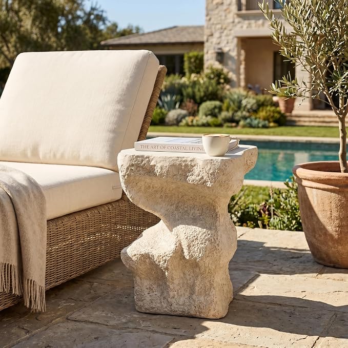 Christopher Knight Home Naomi MGO Outdoor Side Table with Abstract Wavy Design, Square Accent Table with Stone-Like Texture, Weather Resistant Small End Table for Indoor/Outdoor Usage, Beige