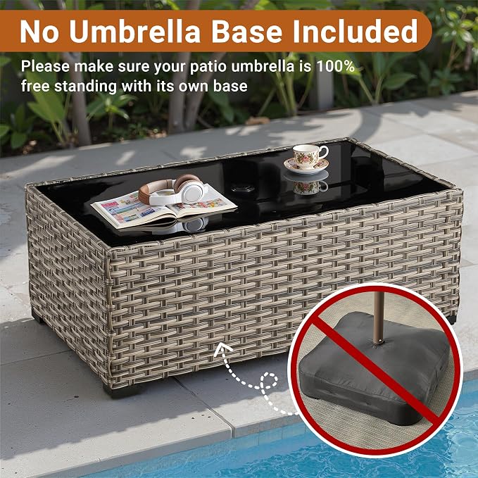 HOOOWOOO Outdoor Patio Side Table with Umbrella Hole,Wicker Coffee End Table Glass Top,Umbrella Table with 1.64" and 2" Hole for Yard,Deck,Porch,Garden(Rectangle Brown)
