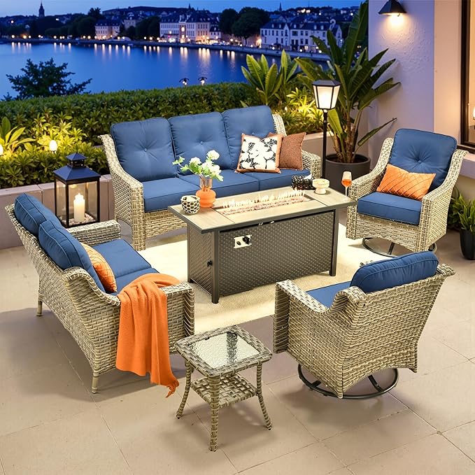 6 PCS Outdoor Patio Furniture Sets,Patio Conversation Sets Outside Rattan Soft Cushion Sofa with 2 Wicker Rocking Chairs & 54 in Fire Pit Table Fit Backyard Porch Garden Poolside Balcony,Navy Blue