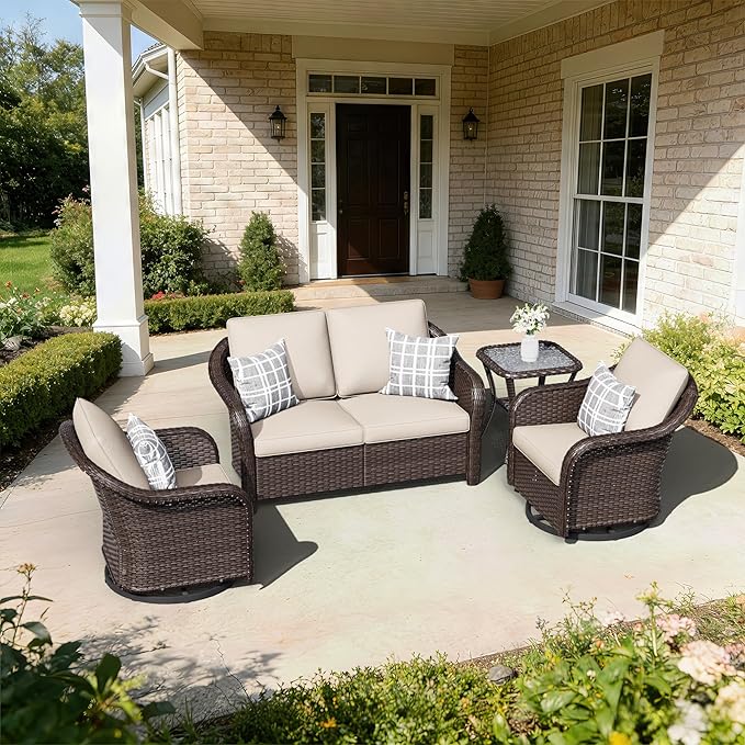 4 PCS Outdoor Conversation Set | 55" Couch, 2 Swivel Chairs, 1 Side Table， Patio Wicker Conversation Furniture with Removable Cushions for Bistro, Deck, Sunroom(Beige)