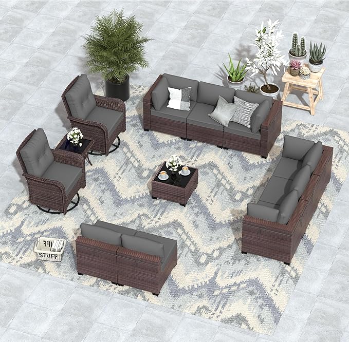 ALAULM 12 Pieces Patio Furniture Set with 2 Swivel Chairs Wicker Patio Conversation Set, Outdoor Sectional Furniture w/Coffee Table & Washable Seat Cushions-Grey