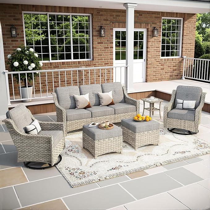 6-Piece Patio Furniture Set, Outdoor Conversation Set Sectional Sofa with Rocking Chairs and Water Resistant Cushions, Dark Gray
