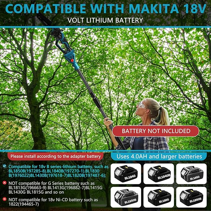 2-In-1 Cordless 8 Inch Pole Saw & Chainsaw Compatible with Makita 18V Battery (No Battery), Brushless Electric Chainsaw with Extension Pole, 15ft Max Reach for Tree Trimming Branch Cutting
