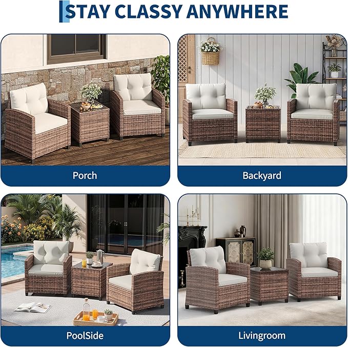 Garvee Outdoor Wicker Chairs,3 Pieces Patio Furniture Set,All Weather High Back Rattan Chairs w/Washable Cushion and Tempered Glass Tabletop for Deck Porch Balcony Backyard Garden,Brown & Beige