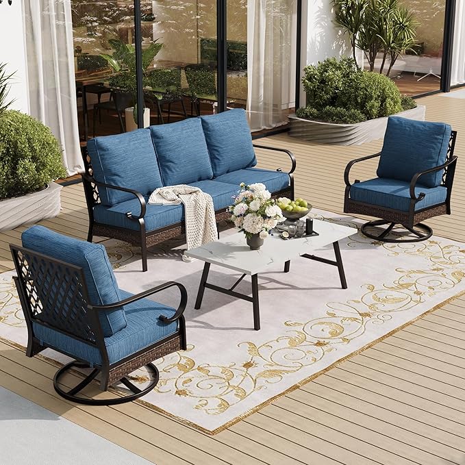 4 PCS Metal Outdoor Patio Furniture Set, Patio Conversation Sets 1 3-Seater Sofa, 2 Swivel Chairs with 5.75" Extra Thick Cushion & Coffee Table, Black Frame Backyard Furniture, Blue-2
