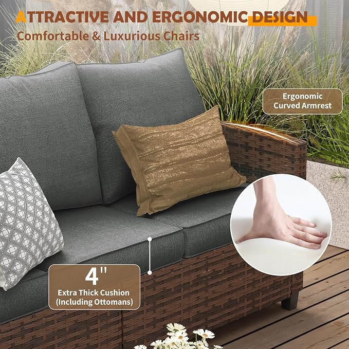 UDPATIO Patio Furniture Set, 6 Pieces Outdoor Sectional Couch with Swivel Rocking Chair, Brown Wicker Rattan Conversation Sofa, 4" Thick Cushion for Garden Backyard Deck, Dark Grey