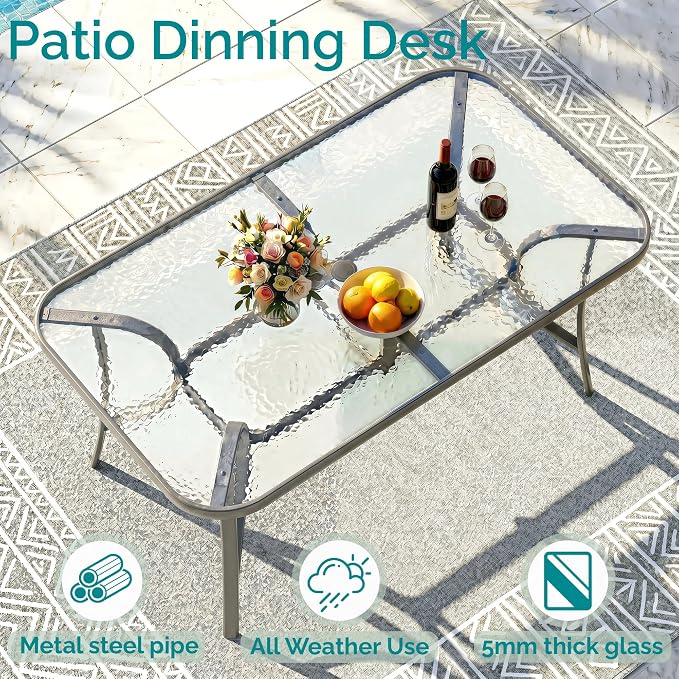 MAMIZO 7 Pieces Patio Dining Set for 6, Outdoor Table and Chairs w/Rectangle Glass Table and 6 Textilene Stackable Chairs, Patio Furniture Set w/1.69" Umbrella Hole (Grey Table & Black Chair)